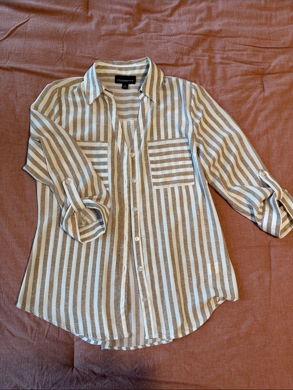 Express Women’s Striped Button-Front Blouse — White & Tan